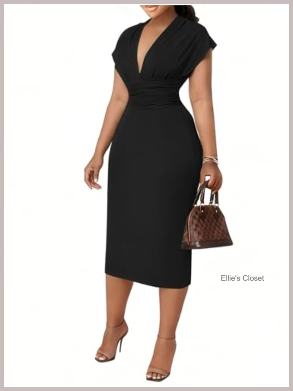 Bodycon Midi Dress Deep V-Neck Cap Sleeve Ruched High Waist Stretchy